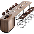 Long Rectangular Wooden Dining Table With Brown Bar Stools And Plates 3d model