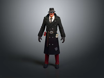 Stylish Game Movie Character With Long Black Coat Fedora Hat Red Pants Belt And Gloves 3d model