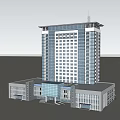 Modern High Rise Office Building Exterior With Window Facade And Attached Low Rise Wings
