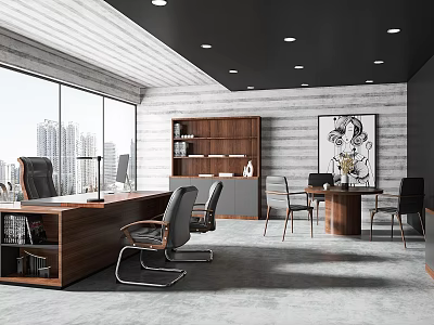 Modern Office Interior Design With Large Windows City View Wooden Bookshelf Desk Chairs And Artwork 3d model