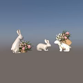 Landscape Sculptures White Rabbit Figures on Green Grassland with Flower Basket Trees and Blue Sky