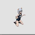 Anime Style Character With Cat Ears Tail And Short White Hair Kneeling On Green Background