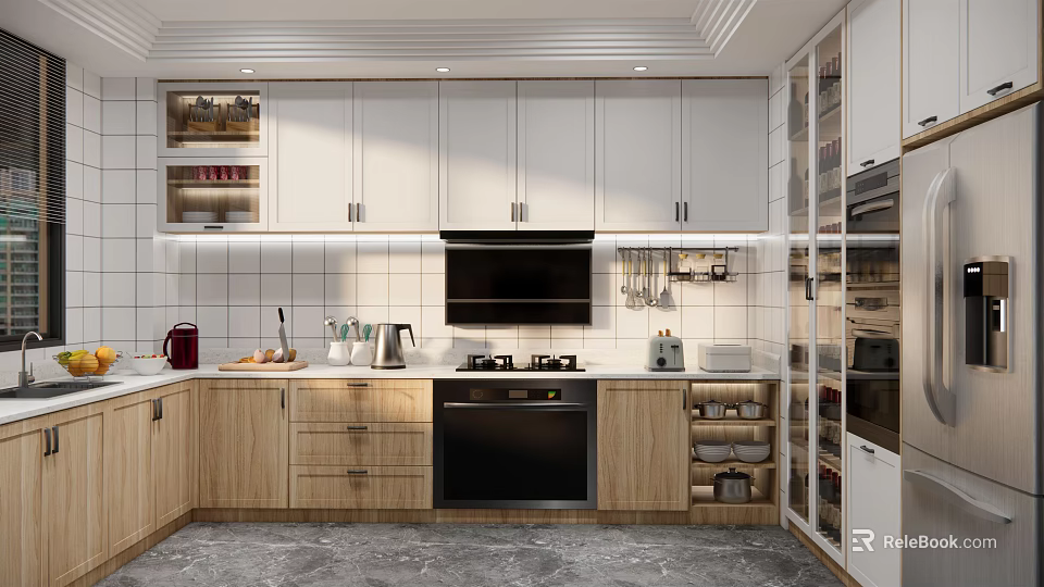 Modern Kitchen Interior Design Featuring Wooden White Cabinets Countertop Appliances And Kitchenware 3d model 