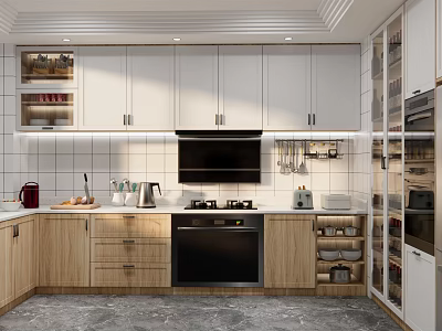 Modern Kitchen Interior Design Featuring Wooden White Cabinets Countertop Appliances And Kitchenware 3d model