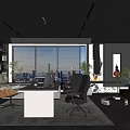 Modern Office Interior with Large Windows City View Desk Sofa and Green Plants