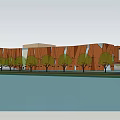 Modern Brown Building With Geometric Facade And Trees In Front Design 3d model