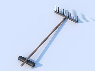 Garden Rake With Metal Tines Wooden Long Handle And Black Grip 3d model