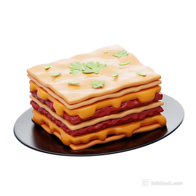 Layered Bacon and Cheese Stack Topped with Fresh Parsley Served on Black Plate 3d model 