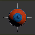 Vibrant Red And Blue Rocket Model With Silver Fins On Reflective Dark Background