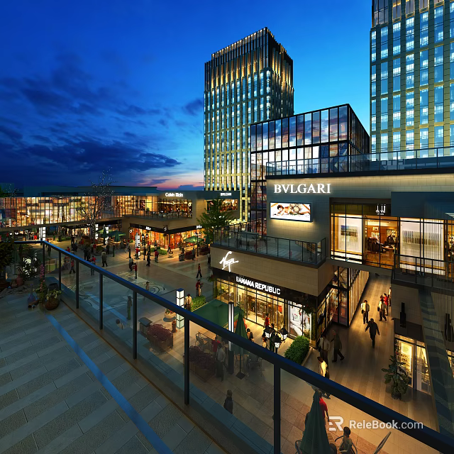 Illuminated Commercial Street Night View With Modern High Rise Buildings Luxury Shops And Pedestrians 3d model 