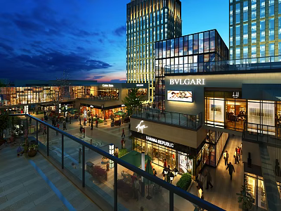 Illuminated Commercial Street Night View With Modern High Rise Buildings Luxury Shops And Pedestrians 3d model