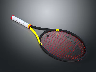 Tennis Racket With White Grip Yellow Black Frame And Red Strings 3d model