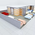 Modern Bedroom Furniture Store Display With Various Beds And Stylish Display Shelves
