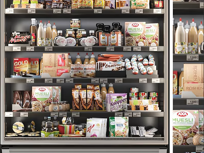 Commercial Retail Shelves Fully Stocked With Food Products Bottled Drinks Boxed Items And Canned Goods 3d model