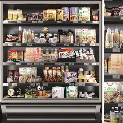 Commercial Retail Shelves Fully Stocked With Food Products Bottled Drinks Boxed Items And Canned Goods 3d model