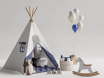 White Tepee Tent Setup with Balloons Stuffed Toys and Rocking Horse in Kids Play Area 3d model