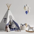 White Tepee Tent Setup with Balloons Stuffed Toys and Rocking Horse in Kids Play Area
