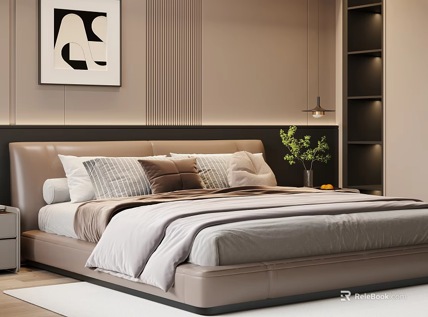 Modern Bedroom Double Bed with Brown Headboard Pillows Light Blanket Beige Striped Wall Green Plant 3d model 