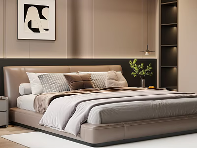 Modern Bedroom Double Bed with Brown Headboard Pillows Light Blanket Beige Striped Wall Green Plant 3d model