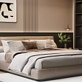 Modern Bedroom Double Bed with Brown Headboard Pillows Light Blanket Beige Striped Wall Green Plant