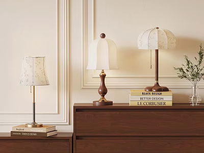 Different Style Table Lamps On Wooden Cabinets With Books And Green Plant 3d model