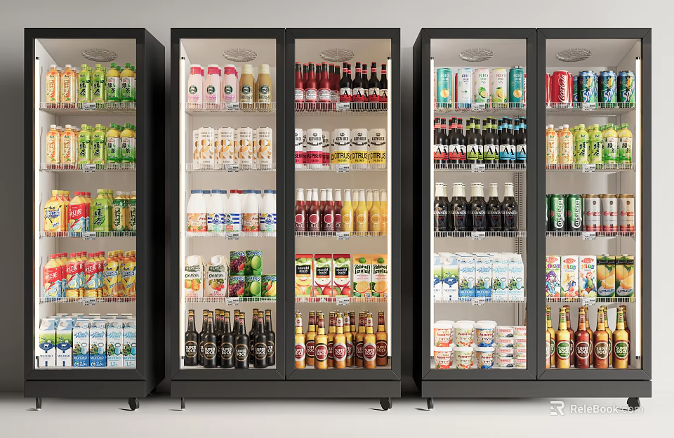 Commercial Glass Door Display Refrigerators Stocked With Various Beverages And Food 3d model 