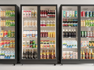 Commercial Glass Door Display Refrigerators Stocked With Various Beverages And Food 3d model