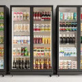Commercial Glass Door Display Refrigerators Stocked With Various Beverages And Food