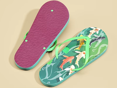 Teal And Purple Flip Flops With Koi Fish Prints Green Straps Wavy Texture Water Ripples 3d model