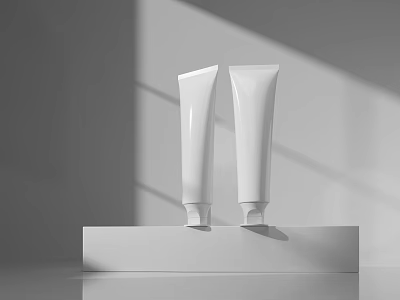 Two White Tubular Daily Washing Products on White Platform with Gray Background and Light Shadow 3d model