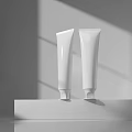 Two White Tubular Daily Washing Products on White Platform with Gray Background and Light Shadow