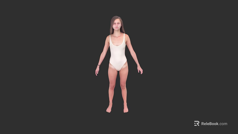 Woman in White Bodysuit Standing Barefoot Against Black Background With Arms Hanging Naturally 3d model 
