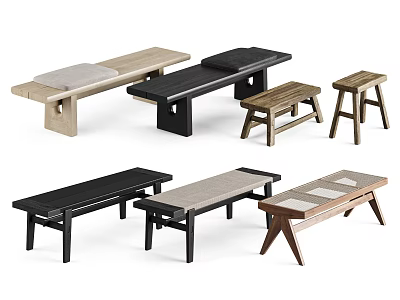 Various Styles Wooden Stools And Benches With Modern Design And Different Colors 3d model