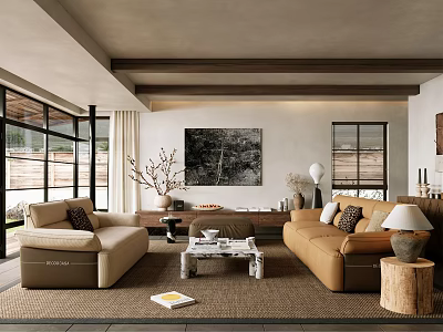 Modern Living Room Sofa Set With Beige Brown Couches Coffee Table Artwork And Natural Light 3d model