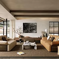 Modern Living Room Sofa Set With Beige Brown Couches Coffee Table Artwork And Natural Light