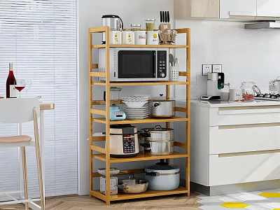 Wooden Kitchen Storage Shelf Organizing Microwave Dishes Pots and Spices in Home Kitchen 3d model