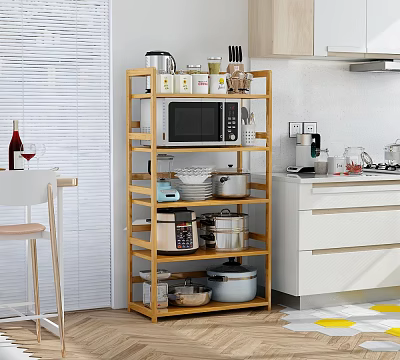 Wooden Kitchen Storage Shelf Organizing Microwave Dishes Pots and Spices in Home Kitchen 3d model