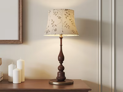 Wooden Base Table Lamp With Beige Floral Lampshade On Wooden Table With White Candles 3d model