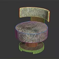 Floral Patterned Round Chair With Wooden Armrest Green Blue Fabric And Round Base
