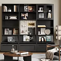 Black Modern Bookcase Interior With Books Decorative Items Photo Frames Magazines And Clock