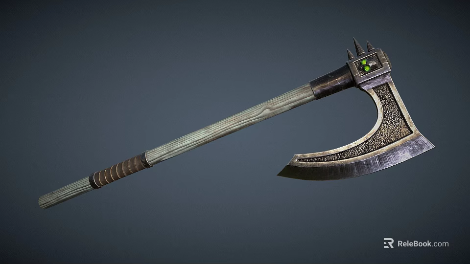 Medieval Battle Axe Featuring Wooden Handle Metal Blade Decorative Spikes And Green Gemstone 3d model 