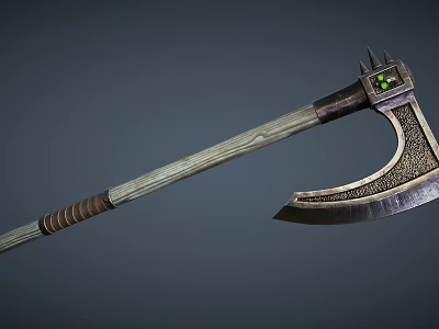 Medieval Battle Axe Featuring Wooden Handle Metal Blade Decorative Spikes And Green Gemstone 3d model