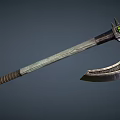 Medieval Battle Axe Featuring Wooden Handle Metal Blade Decorative Spikes And Green Gemstone