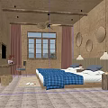 Hotel Guest Room Featuring Twin Beds Blue Bedspreads And Circular Wall Decorations