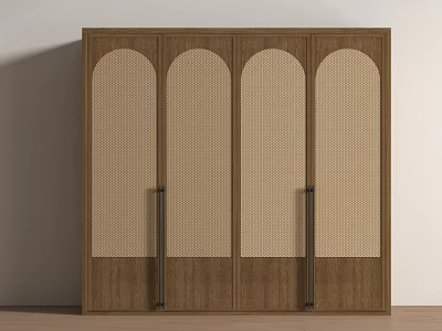 Modern Natural Wooden Wardrobe With Arched Rattan Panels And Metal Handles 3d model