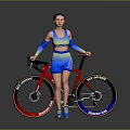 A Woman In Blue And Yellow Sportswear With Arm Sleeves By Red Sport Bicycle