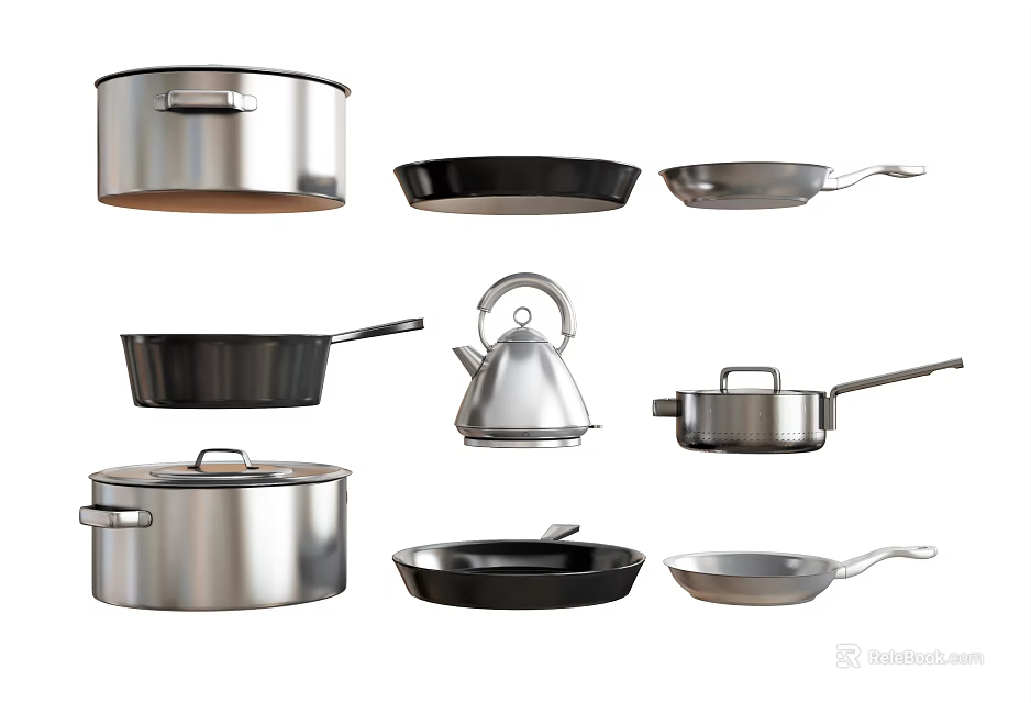 Essential Cooking Utensils Stainless Steel Pots Frying Pans And Kettle For Home Kitchen 3d model 