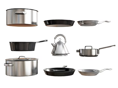 Essential Cooking Utensils Stainless Steel Pots Frying Pans And Kettle For Home Kitchen 3d model