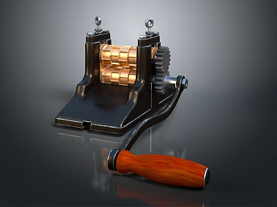 3D Model Computer Gear Component With Black Base Gold Gears And Wooden Handle 3d model