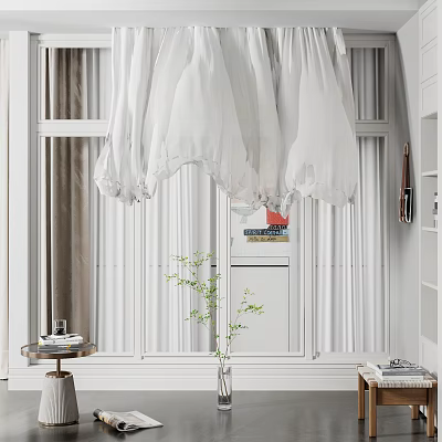 Light White Sheer Curtains Hanging On Modern Window In Minimalist Room 3d model